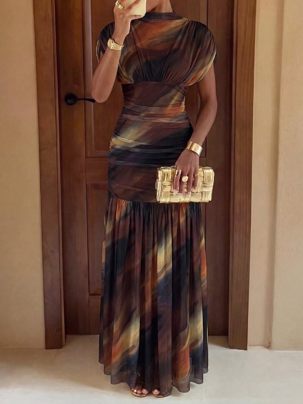 Multicolor Elegant Women's Regular Fit Stand Collar Plants Pattern Maxi Dress